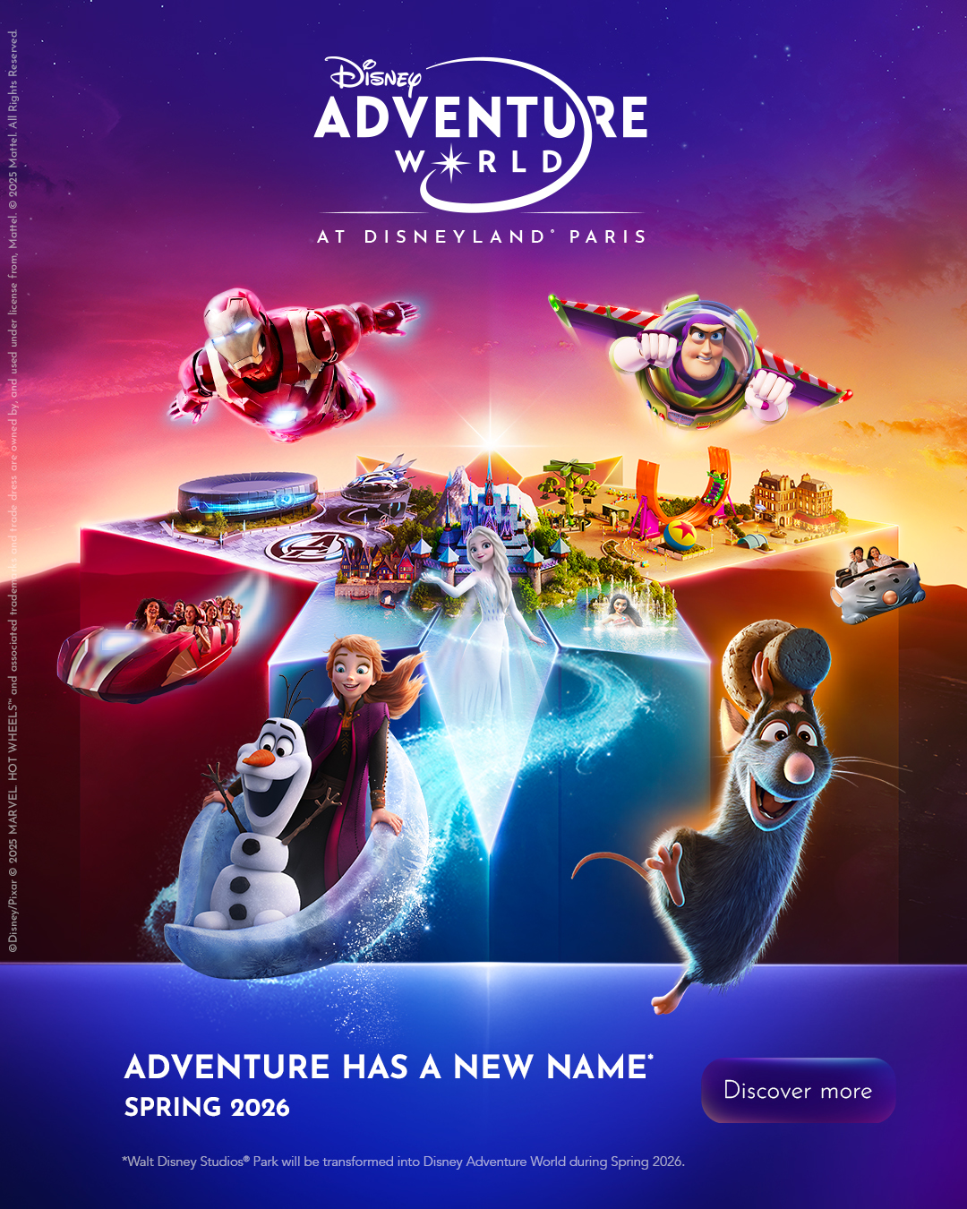 Disney Adventure World at Disneyland® Paris featuring World of Frozen, Marvel and Pixar adventures.